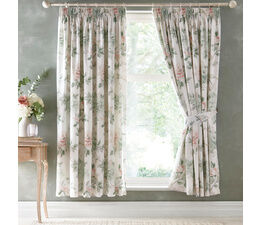 Appletree Heritage - Campion - 100% Cotton Pair of Pencil Pleat Curtains With Tie-Backs - Green/Coral