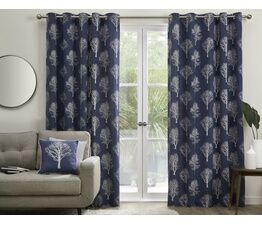 Fusion - Woodland Trees - 100% Cotton Pair of Eyelet Curtains - Navy