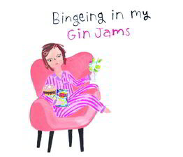 A Lady Sat In A Chair With Snacks And Gin With Text
