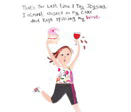 A Woman Jogging Holding Cake And Wine With Text