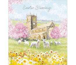 Easter Card - Church With Lambs