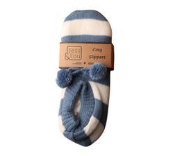 Jess &amp; Lou - Stripe Cosy Slippers - Cornflower &amp; White