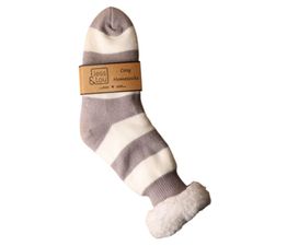 Jess &amp; Lou - Stripe Fleece Lined Slipper Socks - Grey &amp; White