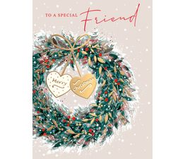 Christmas Card - Special Friend Christmas Wreath And Hearts