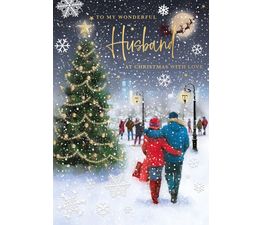 Christmas Card - Husband Couple Walking Past Christmas Tree