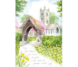 Easter Card - Church Surrounded By Daffodils