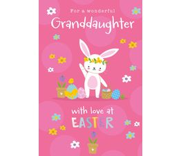 Easter Card - Girl Bunny Basket And Bunting Tulips