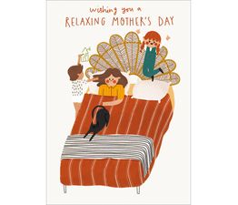 Mothers Day Card - Lady In Bed With Cat And Children