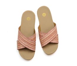 Peace Of Mind - Coral Woven Crossover Flax Summer Sliders - Med