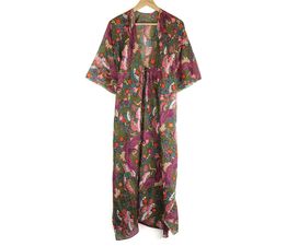 Peace Of Mind - Khaki/Purple Paradise Print Organic Cotton Long Beach Cover Up Kaftan With Waist Tie