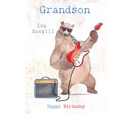 Grandson Bear Playing Guitar Birthday Card