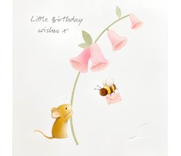 Mouse Holding Foxglove And A Flying Bee Greetings Card