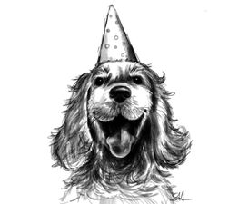 Sketch Of Dog In Party Hat Greetings Card
