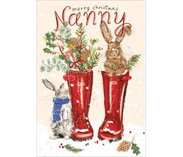 Nanny Bunny In A Wellington Boot With Foliage Christmas Card