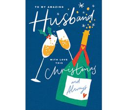 Husband Champagne Bottle and Two Glasses Christmas Card