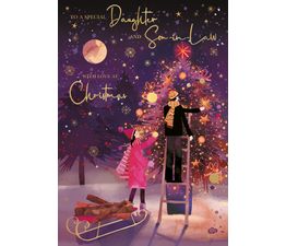 Daughter &amp; Son-in-Law Couple Decorating Tree Christmas Card