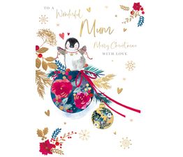 Wonderful Mum Cute Penguin On A Bauble Christmas Card