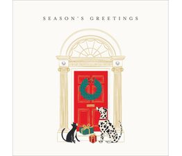 Dog and Cat By A Front Door Christmas Card