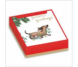 Dog Looking Up At Mince Pie On Chequered Tablecloth Box of Christmas Cards