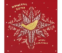 Wonderful Sister Foliage Star With Robin Christmas Card