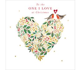 One I Love Heart Filled With Foliage and Two Robins Christmas Card