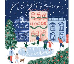 Neighbours Man and Lady Skating In Front Of Houses Christmas Card
