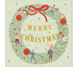 Mini People Decorating A Wreath Christmas Card