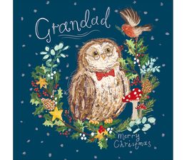 Grandad Owl In Wreath Christmas Card