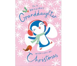 Granddaughter Penguin Doing A Snow Angel Christmas Card