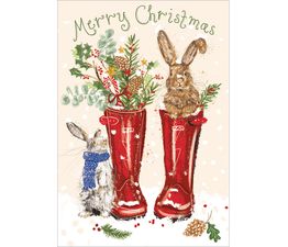 Rabbits In Christmas Wellies Christmas Card