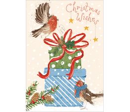 Robins Flying Around A Christmas Present Christmas Card