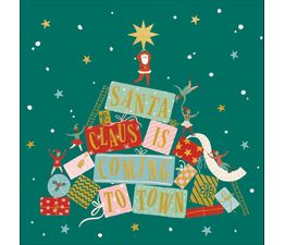 Santa and Elves Climbing On Presents Christmas Card