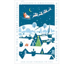Santa Flying Over Houses Christmas Card