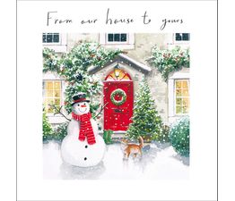 Snowman and Cat By Front Door Christmas Card