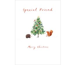 Special Friend Squirrel and Hedgehog By A Christmas Tree Christmas Card