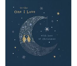 One I Love Two Penguins In A Crescent Shaped Moon Christmas Card