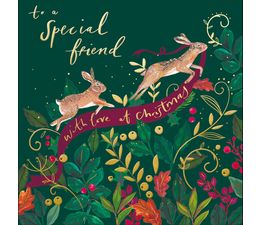 Special Friend Two Rabbits Leaping Over Foliage Christmas Card