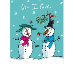 One I Love Two Snowmen With Hat and Scarves and Mistletoe Christmas Card