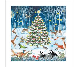 Woodland With Centre Tree and Owls and Deers Christmas Card