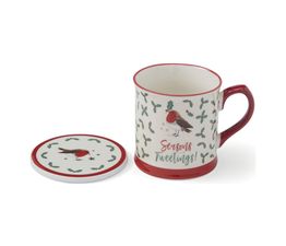 Cooksmart Christmas Robins Retreat Tankard Mug and Coaster Set