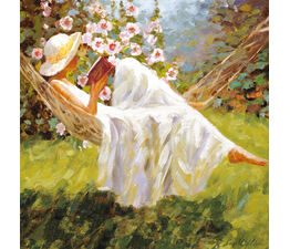 Woman In Hammock Reading Book In Garden