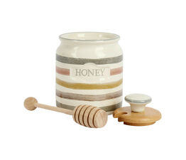 Classic Collection Striped Ceramic Honey Pot With Wooden Dipper