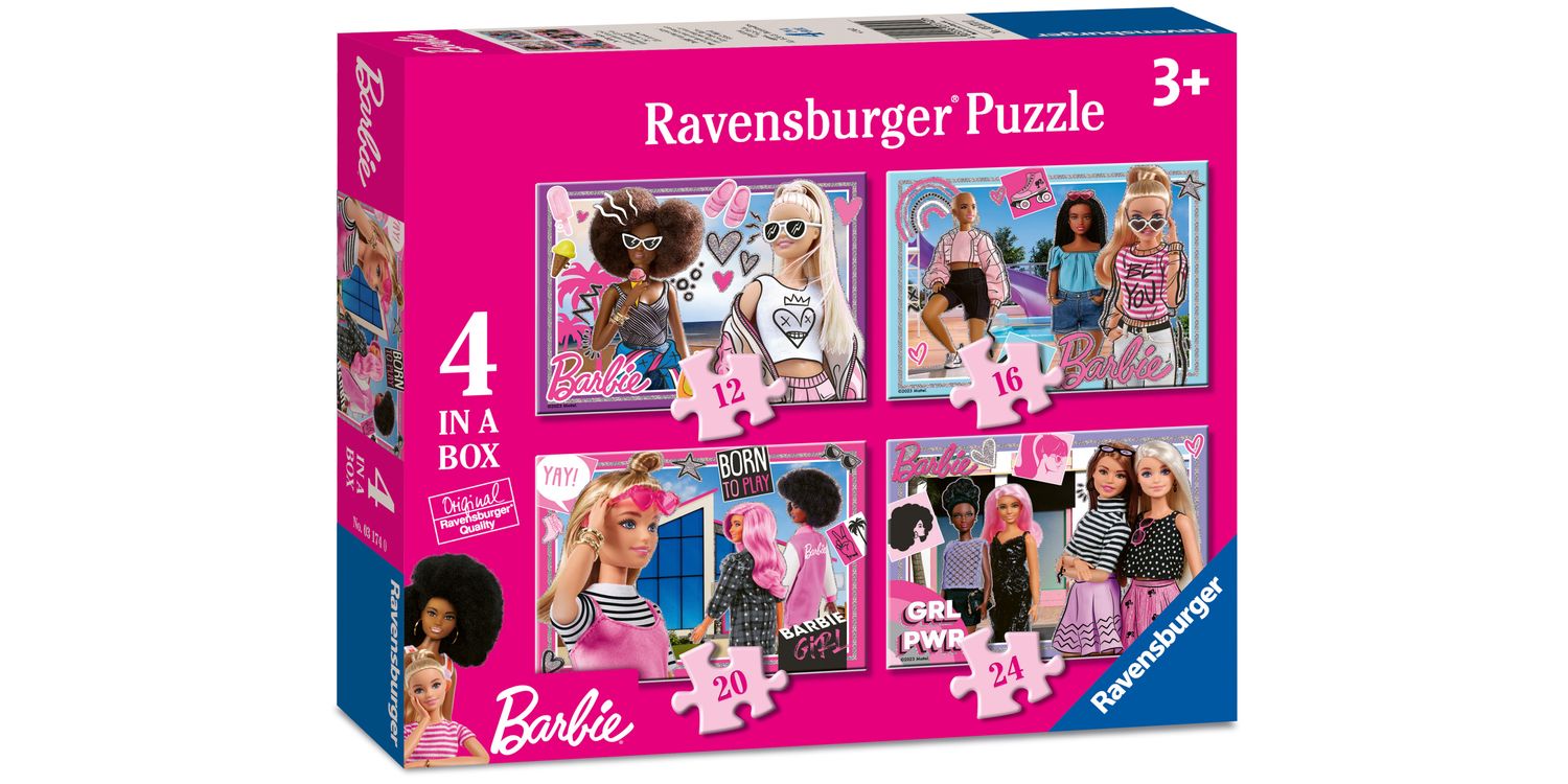 Ravensburger Puzzle Barbie 4 In 1 Per Bambini 5+ Anni - 4 Puzzle Da 100 Pezzi Ciascuno, Formato 36x26 Cm, Soft-Click, Cartone Riciclato