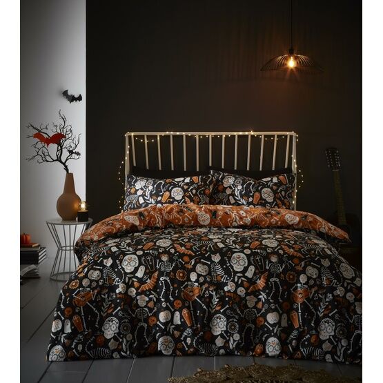Bedlam - Halloween Day of the Dead - Glow in the dark Duvet Cover Set - Black/Orange