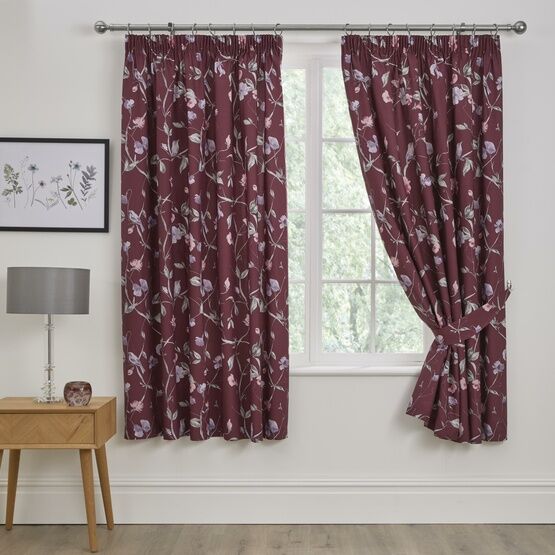 Dreams & Drapes Sweet Pea Pencil Pleat Curtains With Tie-Backs - Plum