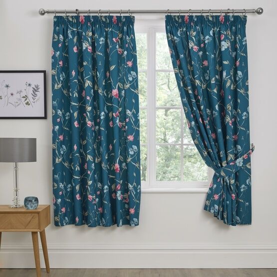Dreams & Drapes Sweet Pea Pencil Pleat Curtains With Tie-Backs - Teal
