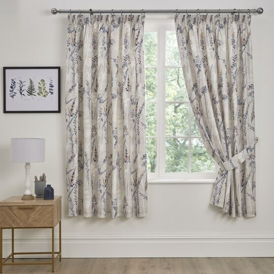 Dreams & Drapes Wild Stems Pencil Pleat Curtains With Tie-Backs - Blue