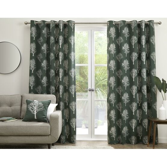Fusion Woodland Trees 100% Cotton Eyelet Curtains - Green