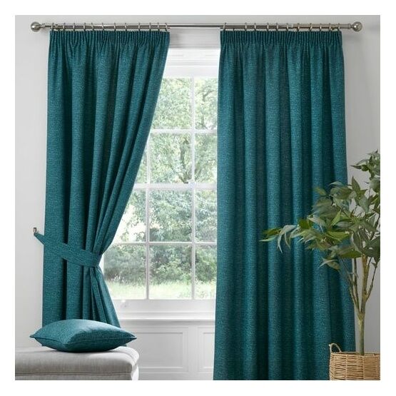 Dreams & Drapes Curtains - Pembrey - Textured Pair of Pencil Pleat Curtains With Tie-Backs - Teal