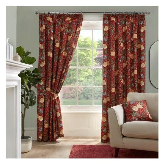Dreams & Drapes Curtains - Sandringham - 100% Cotton Pair of Pencil Pleat Curtains With Tie-Backs - Red